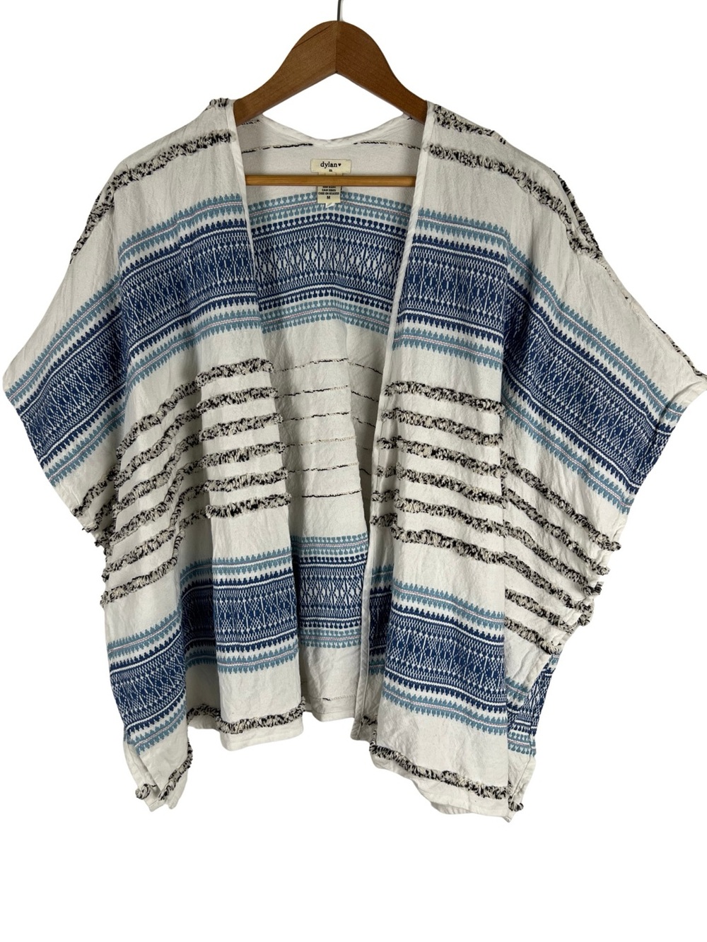 Dylan White Blue 100% Cotton Poncho Cover Up Boho Fringe Made In India Medium